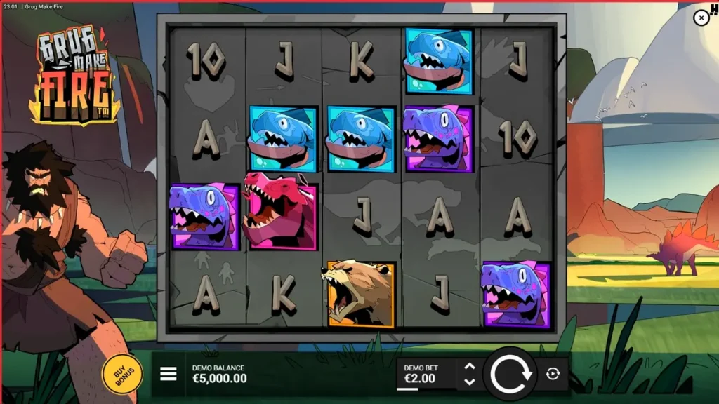 Grug, o homem das cavernas, em frente a uma fogueira no slot Grug Make Fire