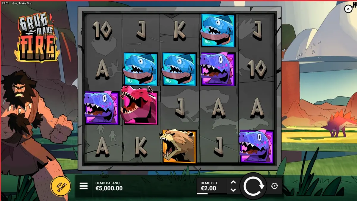 Grug, o homem das cavernas, em frente a uma fogueira no slot Grug Make Fire