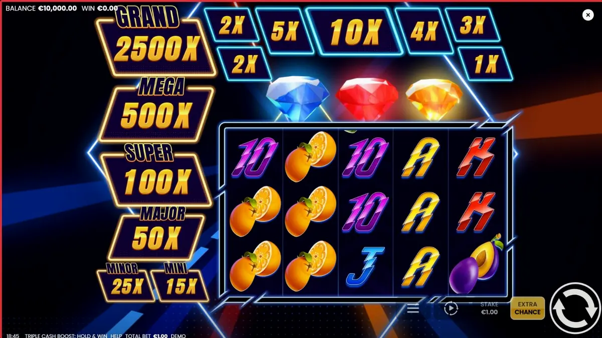 Interface do slot Triple Cash Boost com símbolos de frutas neon e diamantes brilhantes