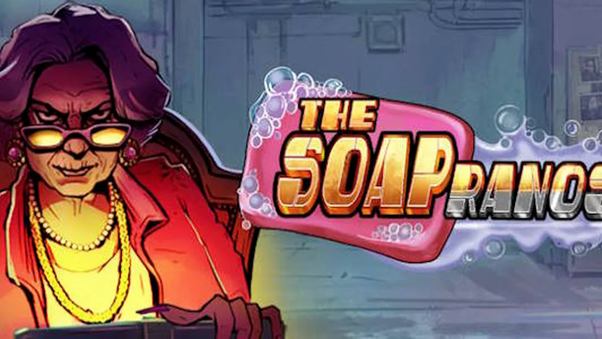 Interface do jogo de slot Soapranos com luzes neon e elementos urbanos